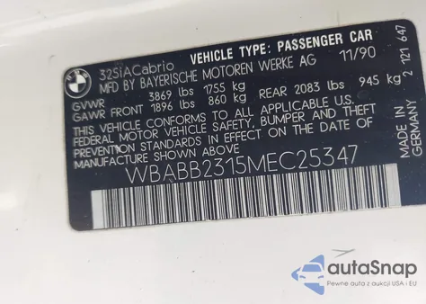 1991 BMW 325 Ic Automatic z USA, uszkodzony, nr VIN WBABB2315MEC25347